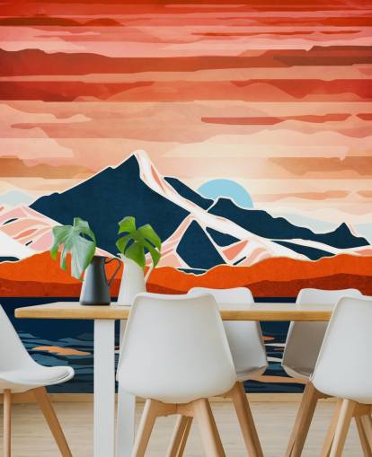 carta da parati murale retrò con tramonto rosso e montagne
