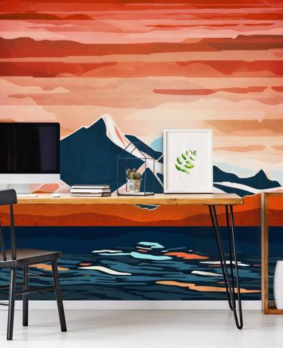 carta da parati murale retrò con tramonto rosso e montagne