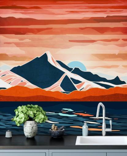 retro wallpaper mural with red sunset and mountains