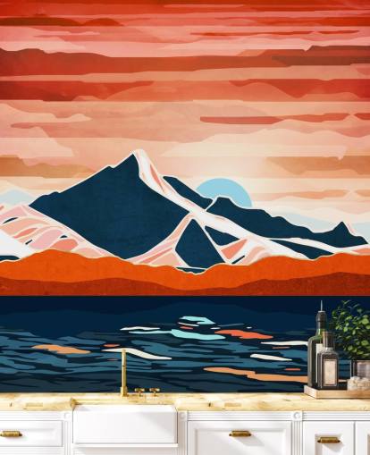 mural de papel pintado retro con puesta de sol roja y montañas