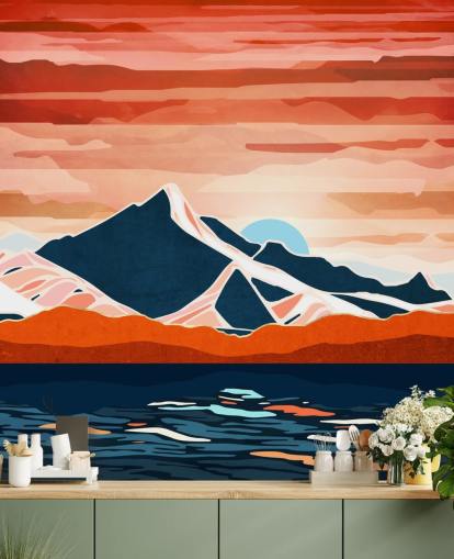 Retro-Tapeten-Wandbild mit rotem Sonnenuntergang und Bergen