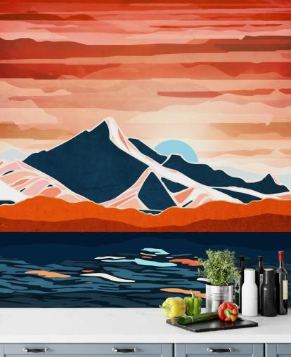mural de papel pintado retro con puesta de sol roja y montañas