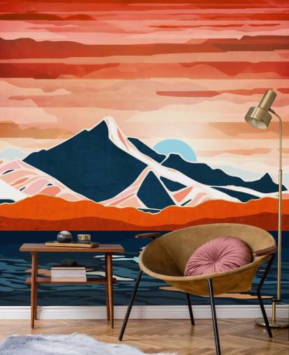 retro behangmuurschildering met rode zonsondergang en bergen retro behangmuurschildering met rode zonsondergang en bergen