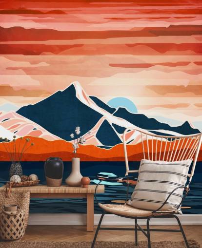 mural de papel de parede retrô com pôr do sol vermelho e montanhas mural de papel de parede retrô com pôr do sol vermelho e montanhas