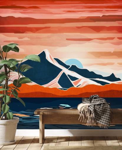 mural de papel pintado retro con puesta de sol roja y montañas