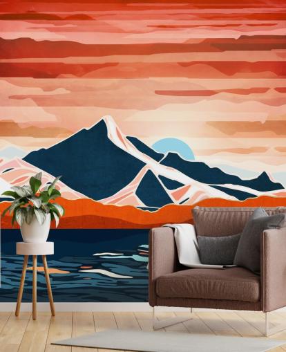 papier peint mural rétro avec coucher de soleil rouge et montagnes
