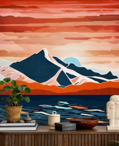mural de papel de parede retrô com pôr do sol vermelho e montanhas