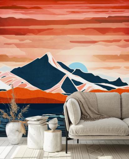 carta da parati murale retrò con tramonto rosso e montagne