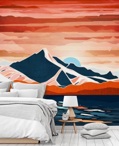 retro tapet vægmaleri med rød solnedgang og bjerge retro tapet vægmaleri med rød solnedgang og bjerge