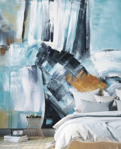 Abstract blue and yellow mural