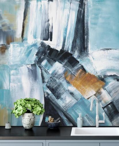 Abstract blue and yellow mural