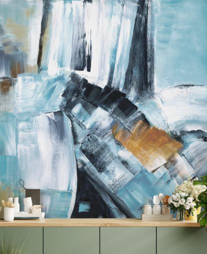 Mural abstracto azul y amarillo