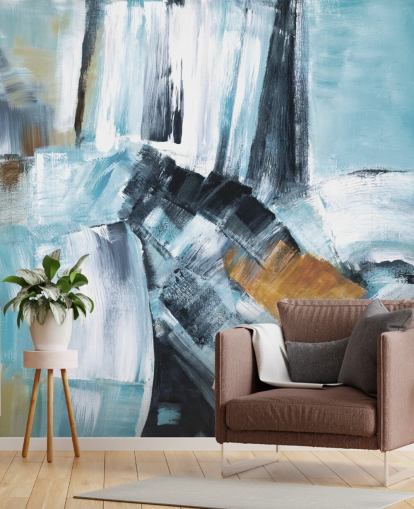 Abstract blue and yellow mural