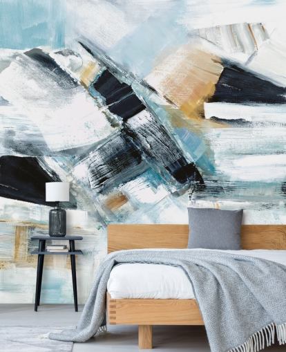 blauwe en gele abstracte muurschildering