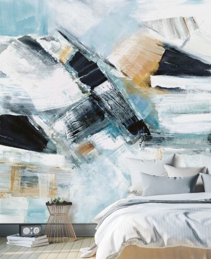 blaues und gelbes abstraktes Wandbild