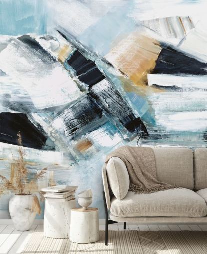 peinture murale abstraite bleue et jaune