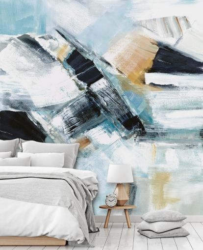 blauwe en gele abstracte muurschildering