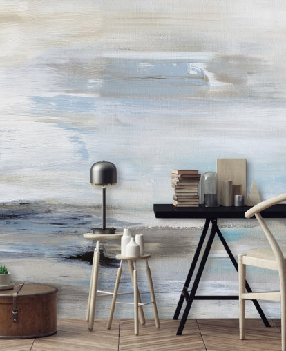 blauwe abstracte behangmuurschildering