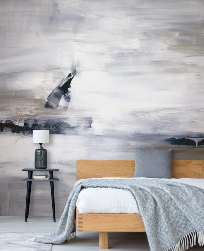 abstracte behangmuurschildering met blauw- en grijstinten