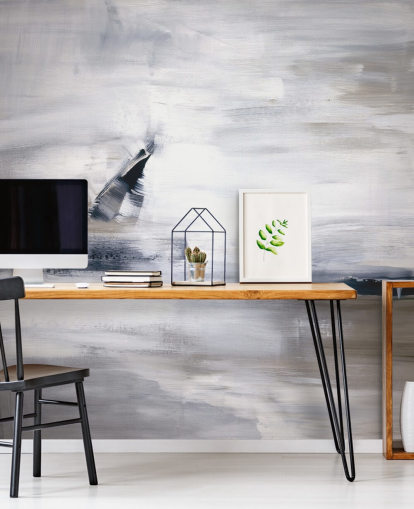 abstracte behangmuurschildering met blauw- en grijstinten