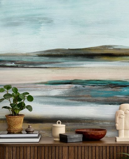 blauwe en groene abstracte muurschildering