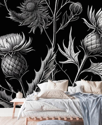 mural de papel pintado de cardo blanco y negro llamado Black and White Thistle 