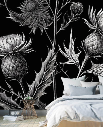 mural de papel de parede de cardo preto e branco chamado Black and White Thistle 