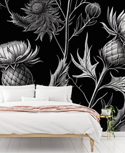 sort og hvid tistel tapet vægmaleri kaldet Black and White Thistle sort og hvid tistel tapet vægmaleri kaldet Black and White Thistle