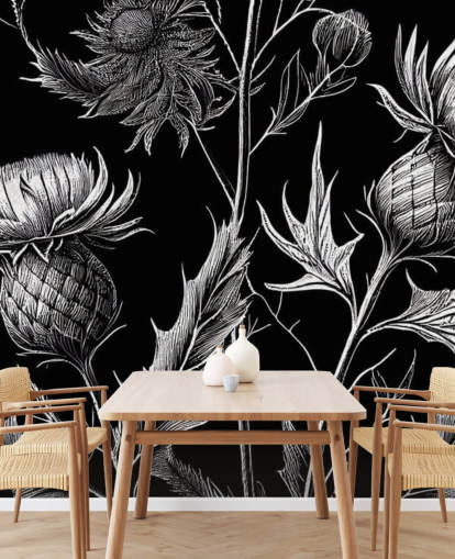 mural de papel pintado de cardo blanco y negro llamado Black and White Thistle mural de papel pintado de cardo blanco y negro llamado Black and White Thistle