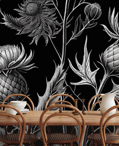 black and white thistle wallpaper mural called Black and White Thistle 
