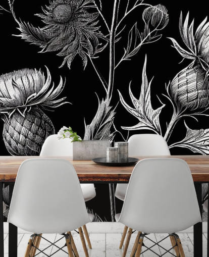 black and white thistle wallpaper mural called Black and White Thistle 