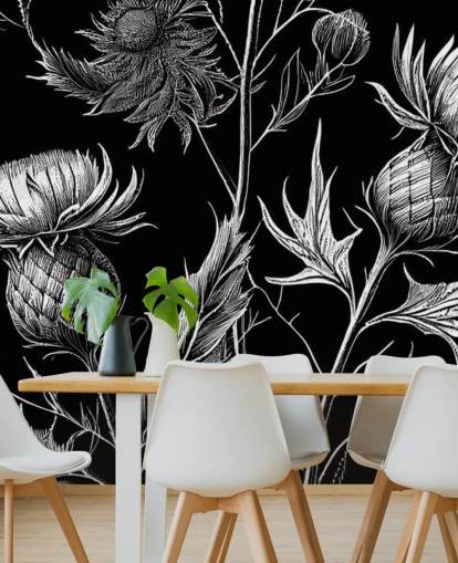 black and white thistle wallpaper mural called Black and White Thistle 