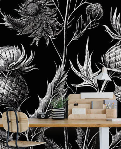 black and white thistle wallpaper mural called Black and White Thistle 