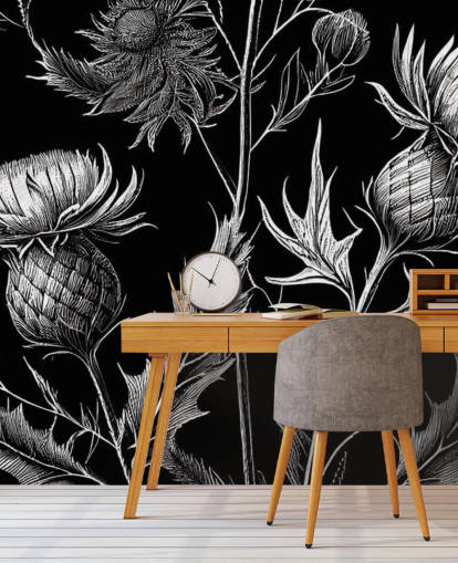 mural de papel pintado de cardo blanco y negro llamado Black and White Thistle mural de papel pintado de cardo blanco y negro llamado Black and White Thistle