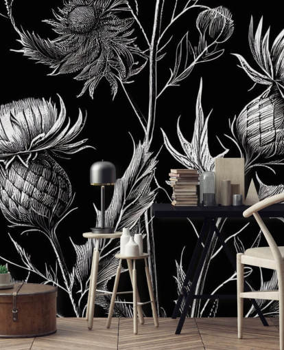 mustavalkoinen ohdakkeen taustakuvamaalaus nimeltä Black and White Thistle 