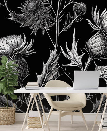 sort og hvid tistel tapet vægmaleri kaldet Black and White Thistle sort og hvid tistel tapet vægmaleri kaldet Black and White Thistle