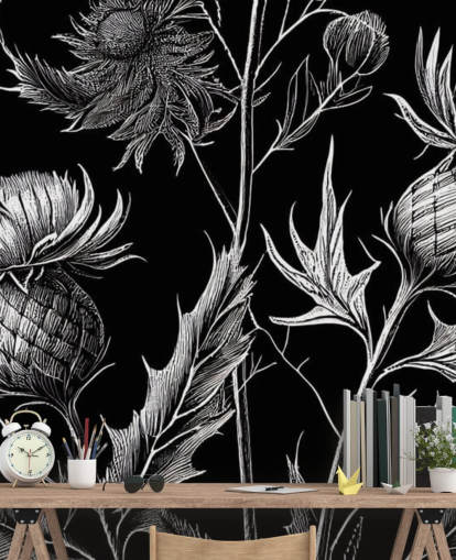 papier peint mural de chardon noir et blanc appelé Black and White Thistle 