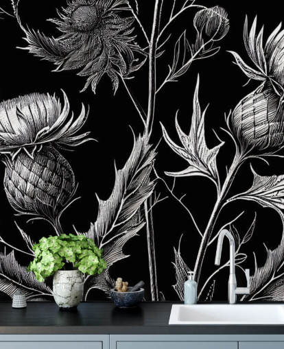 mural de papel de parede de cardo preto e branco chamado Black and White Thistle mural de papel de parede de cardo preto e branco chamado Black and White Thistle