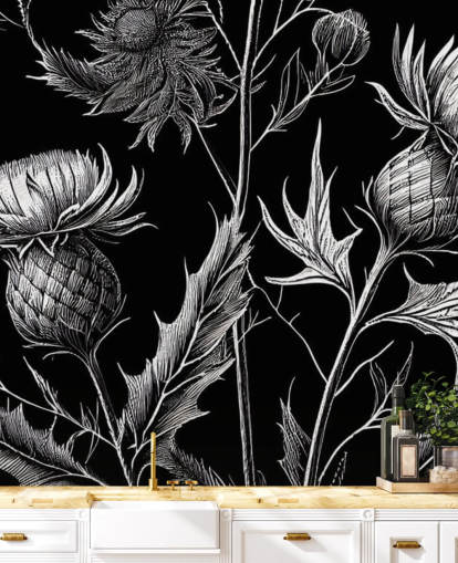 mustavalkoinen ohdakkeen taustakuvamaalaus nimeltä Black and White Thistle 