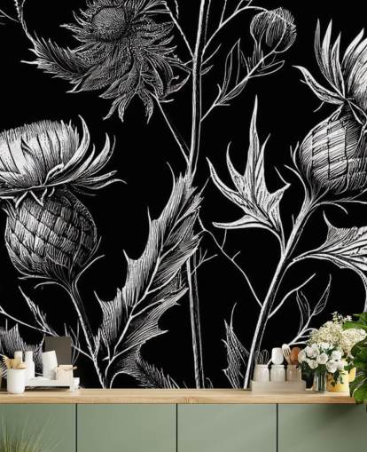 black and white thistle wallpaper mural called Black and White Thistle 