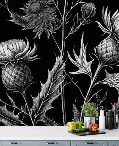 black and white thistle wallpaper mural called Black and White Thistle 