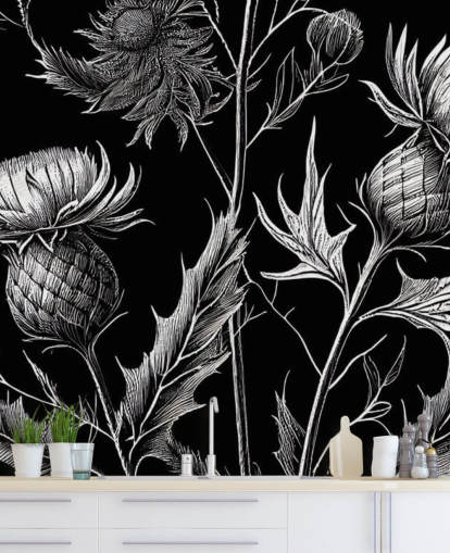 mural de papel de parede de cardo preto e branco chamado Black and White Thistle mural de papel de parede de cardo preto e branco chamado Black and White Thistle