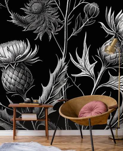 black and white thistle wallpaper mural called Black and White Thistle 