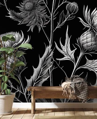 carta da parati murale con cardo bianco e nero chiamato Black and White Thistle 