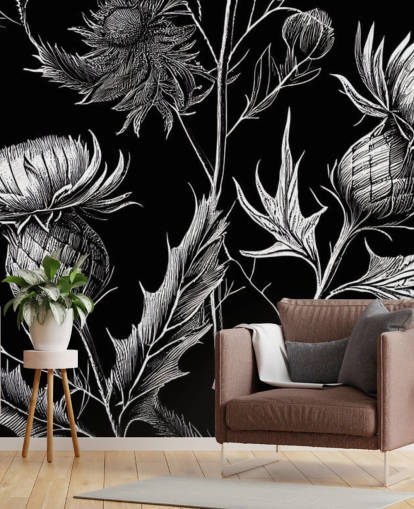 black and white thistle wallpaper mural called Black and White Thistle 