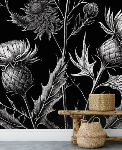 mural de papel de parede de cardo preto e branco chamado Black and White Thistle mural de papel de parede de cardo preto e branco chamado Black and White Thistle