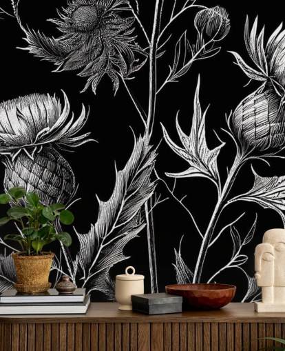 mural de papel pintado de cardo blanco y negro llamado Black and White Thistle 