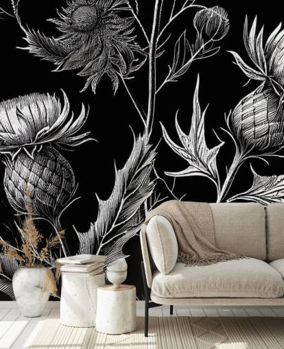 carta da parati murale con cardo bianco e nero chiamato Black and White Thistle 