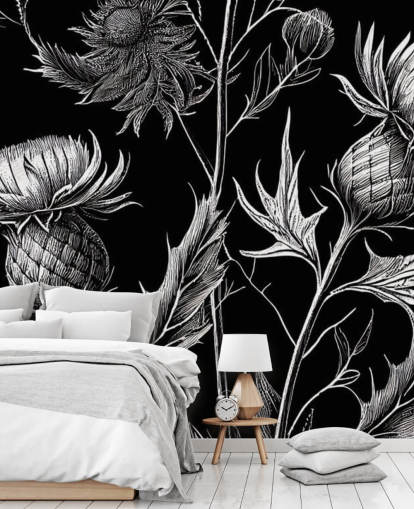 mural de papel pintado de cardo blanco y negro llamado Black and White Thistle mural de papel pintado de cardo blanco y negro llamado Black and White Thistle