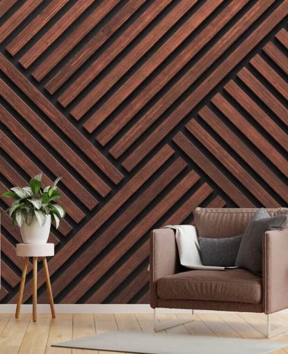 muurschildering met houten lattenbehang met patroon